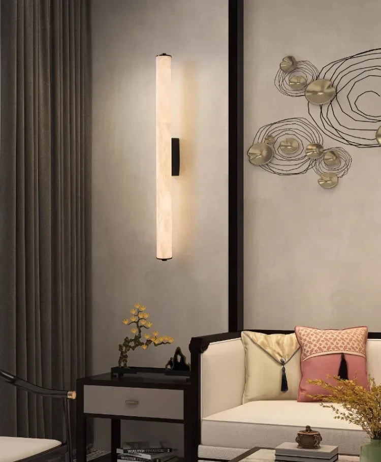 Marble LED Wall Light | Natural Alabaster Tube Sconce for Living Room
