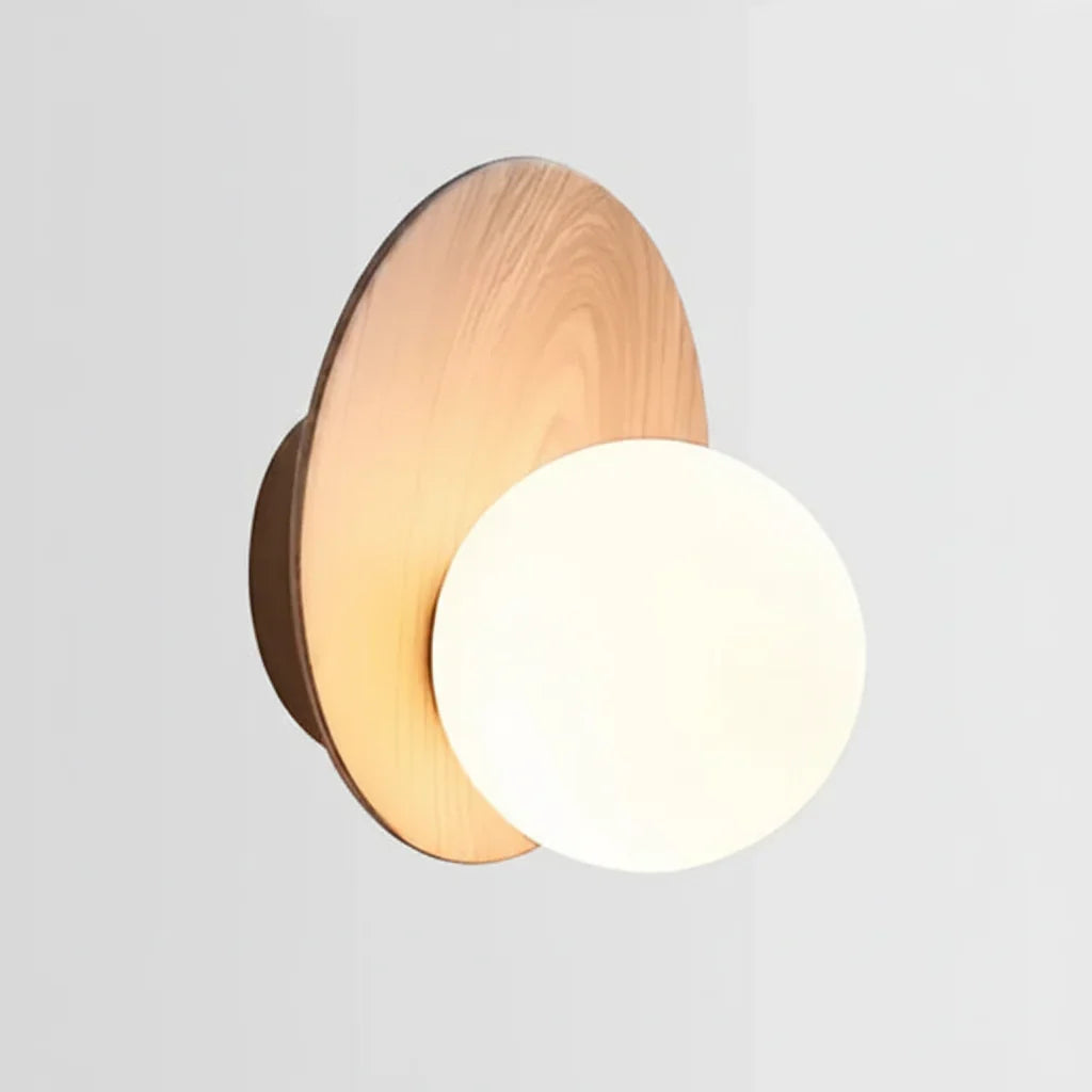 Nura Japandi Globe Wall Light | Natural Timber Disc Frosted Glass Sconce