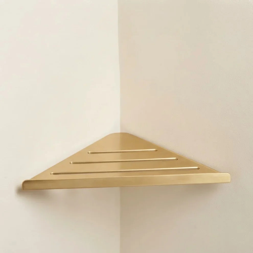Ovel Slatted Corner Shower Shelf | Matt Stainless Steel Wall Mounted Bathroom Caddy