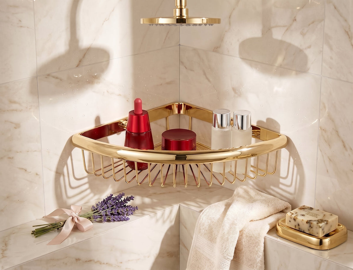 Lumi Brass Corner Shower Caddy Basket  Wall Mounted Wire Organiser Shelf