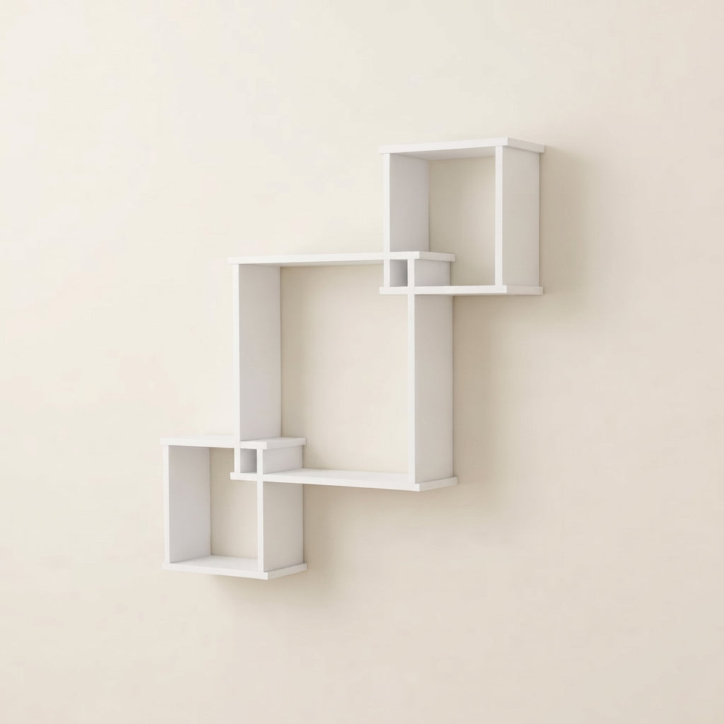 Veyra Geometric Floating Cube Wall Shelves | Matt White Interlocking 3-Tier Display Unit