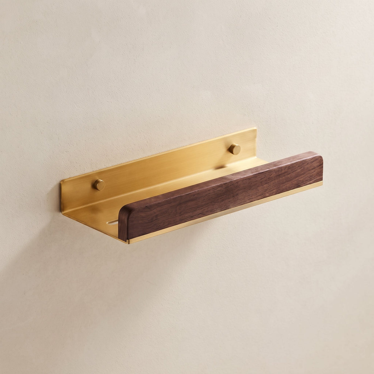 Aven Walnut Bathroom Floating Shelf | Solid Brass Wall Storage Rack