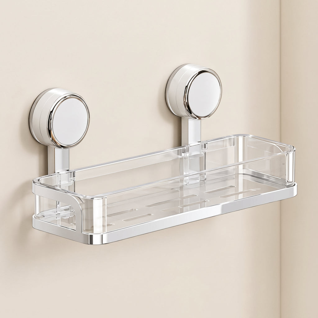 Kovo Suction Cup Shower Caddy Shelf  Clear Chrome Wall Organiser Basket