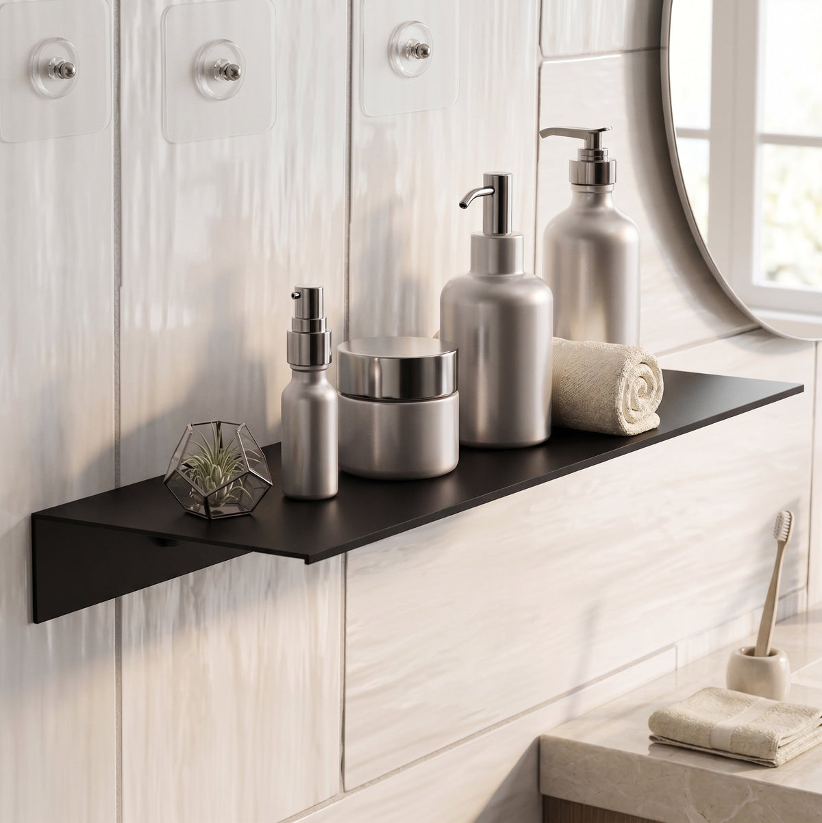Oren Floating Bathroom Shelf | Matt White Self-Adhesive Wall Rack Organiser