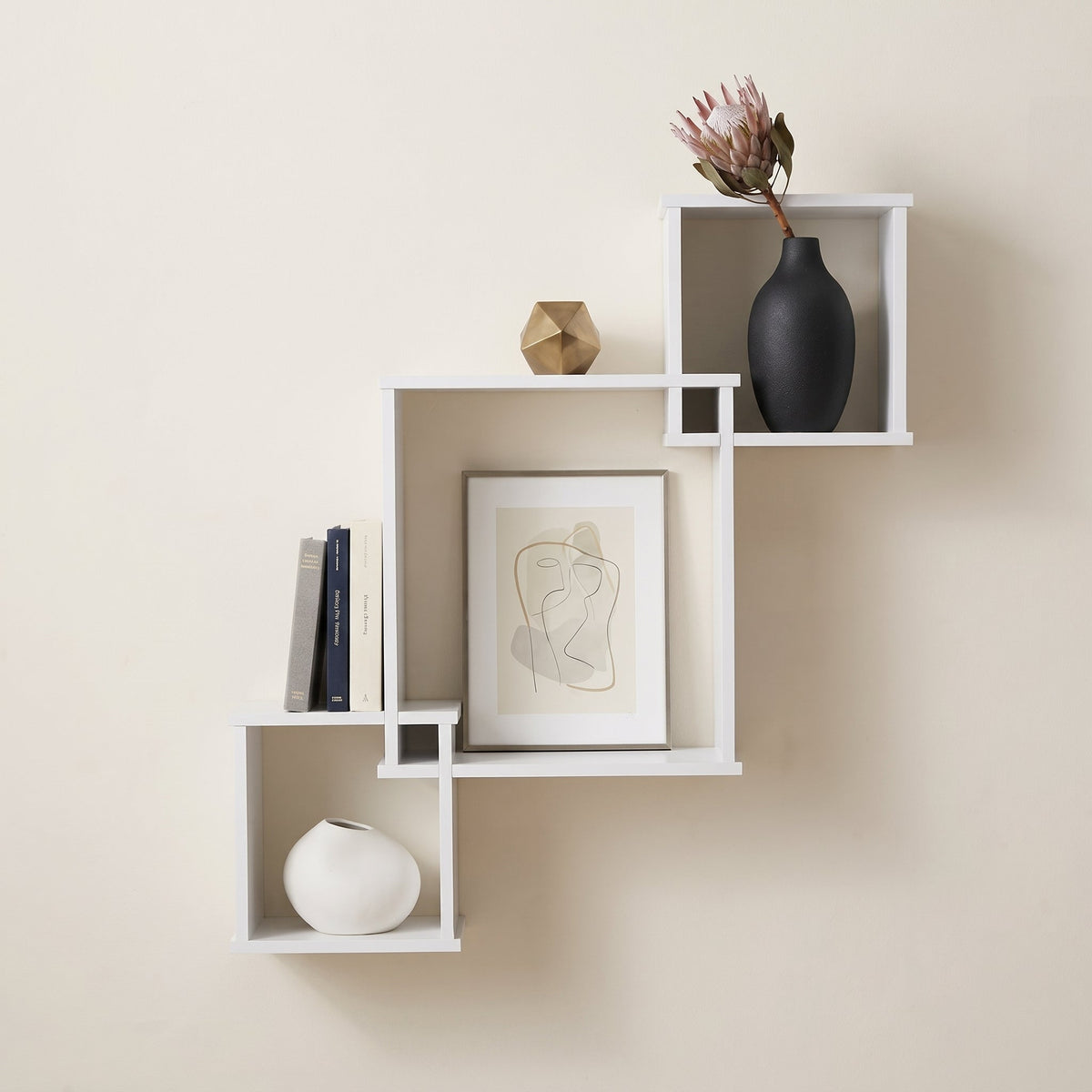 Veyra Geometric Floating Cube Wall Shelves | Matt White Interlocking 3-Tier Display Unit