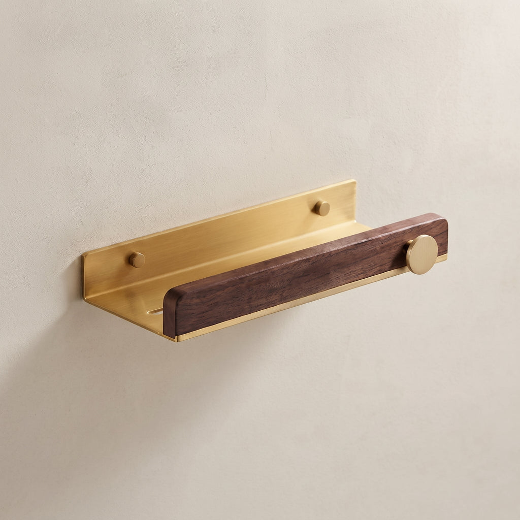 Aven Walnut Bathroom Floating Shelf | Solid Brass Wall Storage Rack