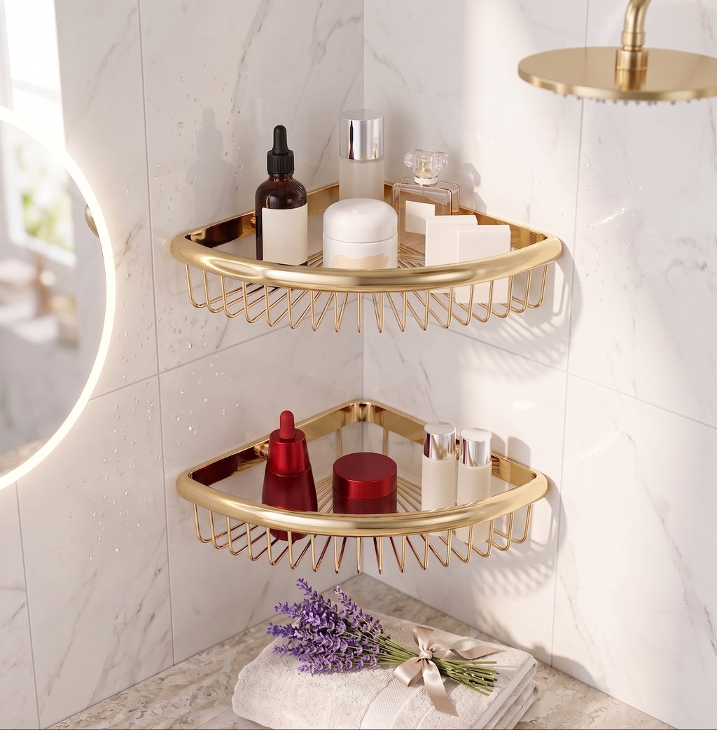 Lumi Brass Corner Shower Caddy Basket  Wall Mounted Wire Organiser Shelf