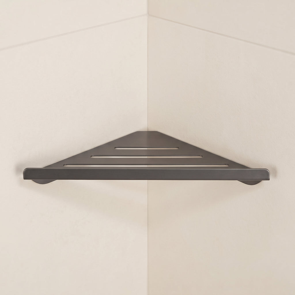 Ovel Slatted Corner Shower Shelf | Matt Stainless Steel Wall Mounted Bathroom Caddy