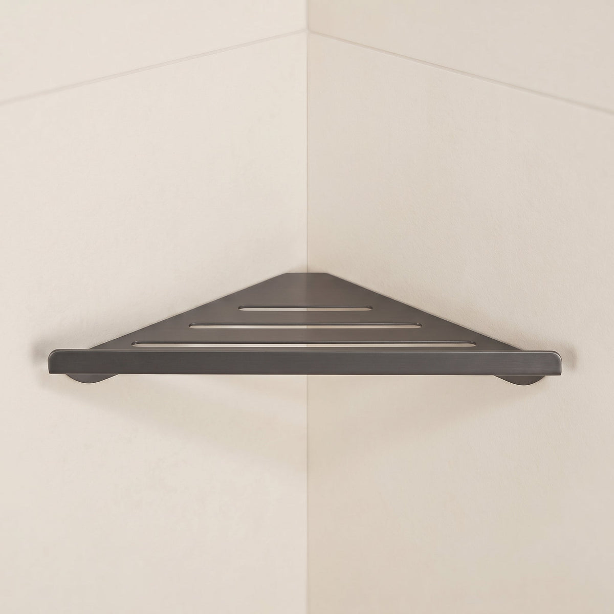 Ovel Slatted Corner Shower Shelf | Matt Stainless Steel Wall Mounted Bathroom Caddy