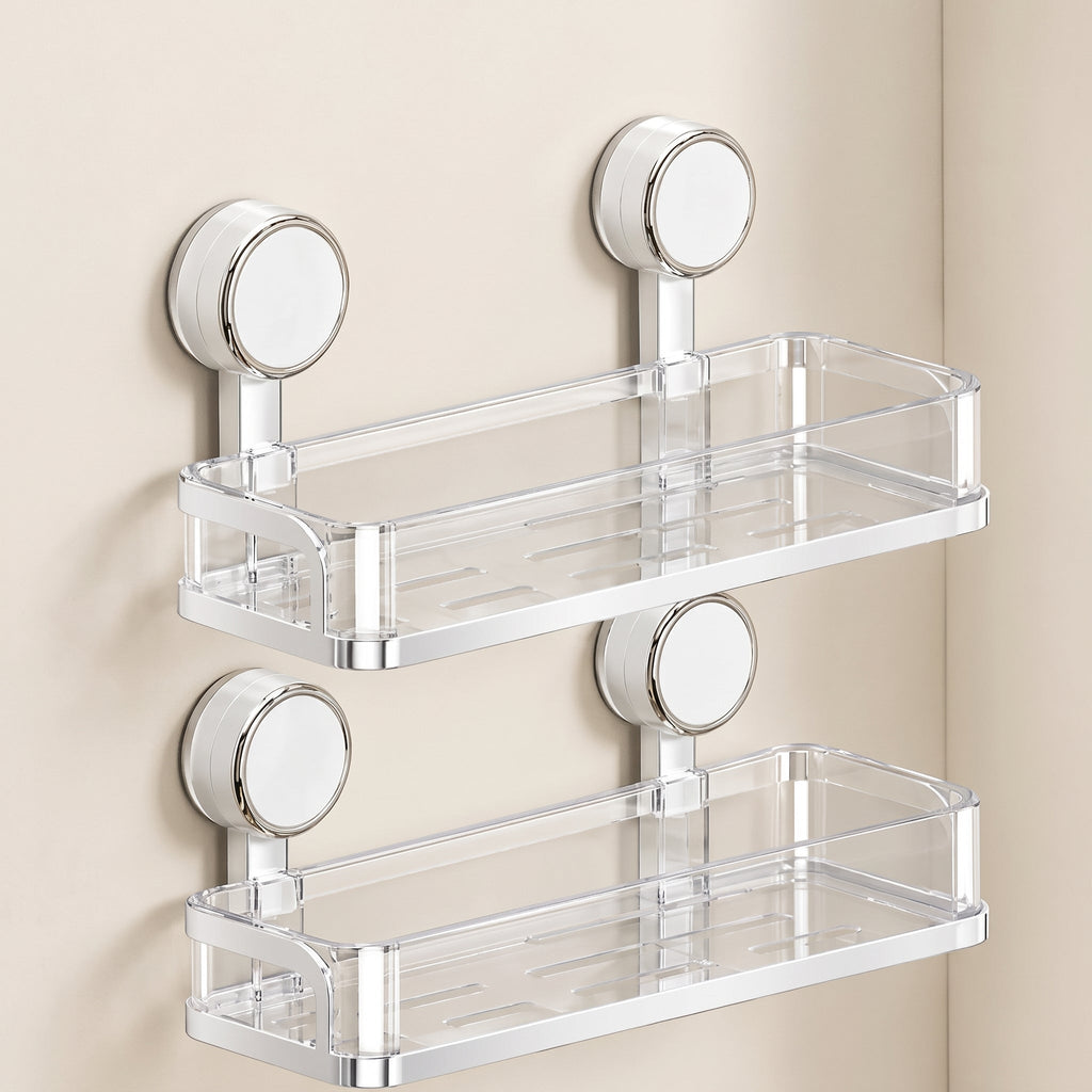 Kovo Suction Cup Shower Caddy Shelf  Clear Chrome Wall Organiser Basket