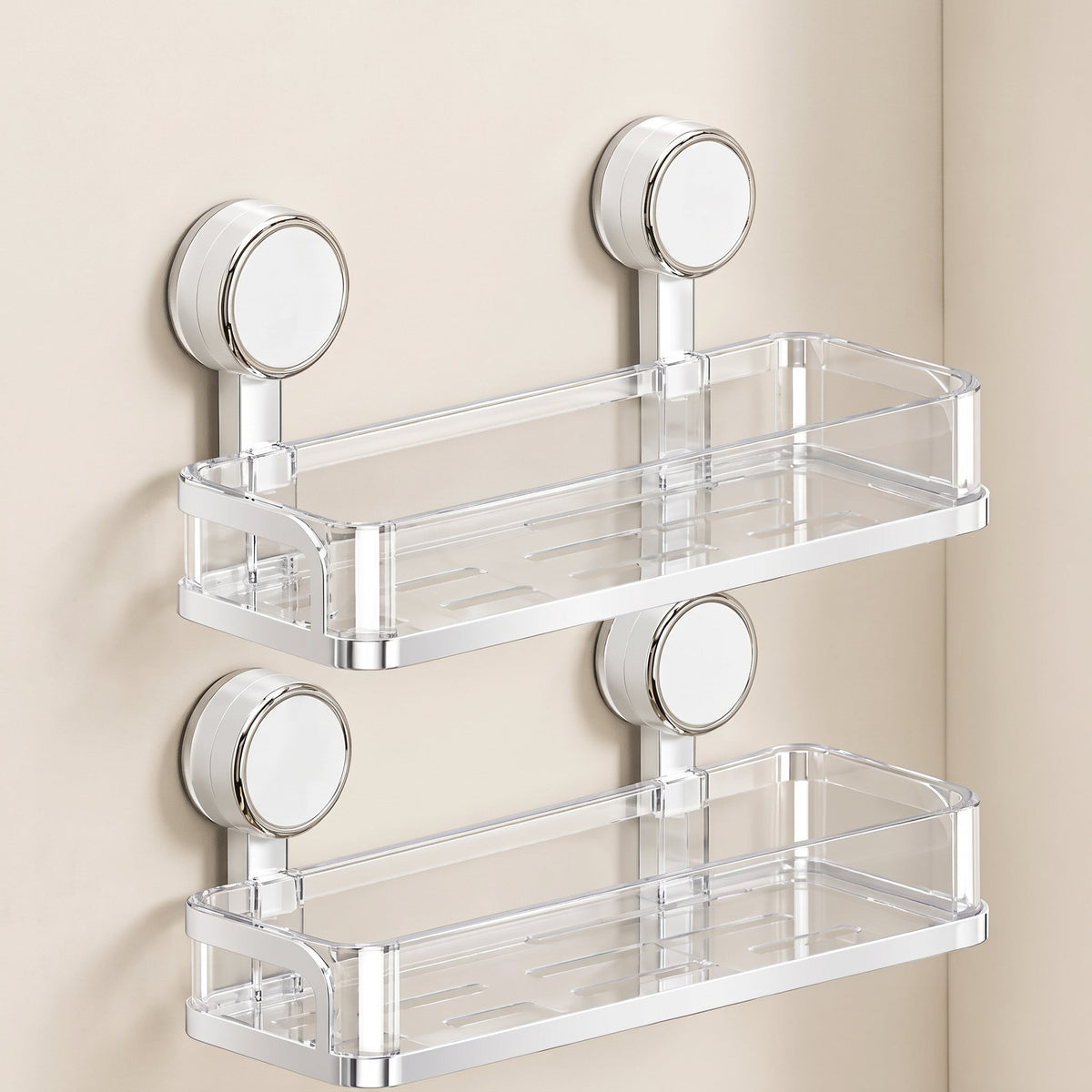 Kovo Suction Cup Shower Caddy Shelf  Clear Chrome Wall Organiser Basket