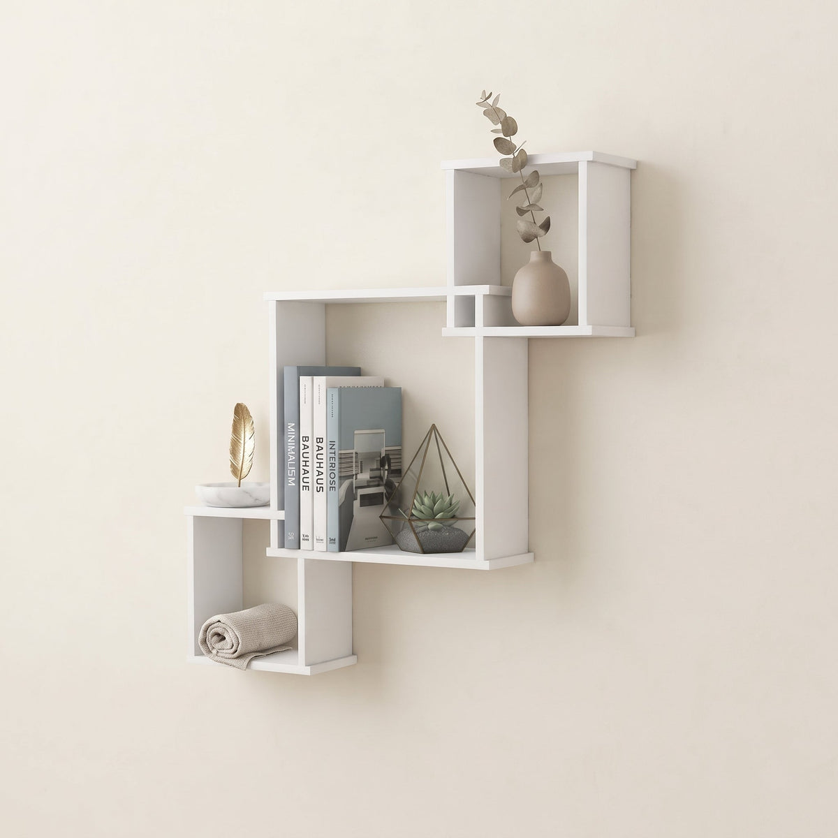 Veyra Geometric Floating Cube Wall Shelves | Matt White Interlocking 3-Tier Display Unit