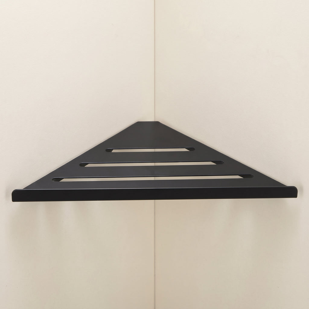 Ovel Slatted Corner Shower Shelf | Matt Stainless Steel Wall Mounted Bathroom Caddy