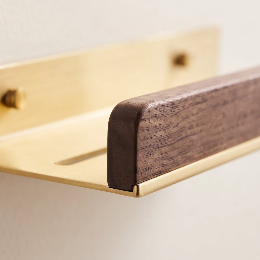 Aven Walnut Bathroom Floating Shelf | Solid Brass Wall Storage Rack