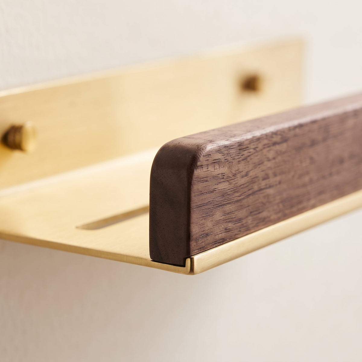 Aven Walnut Bathroom Floating Shelf | Solid Brass Wall Storage Rack