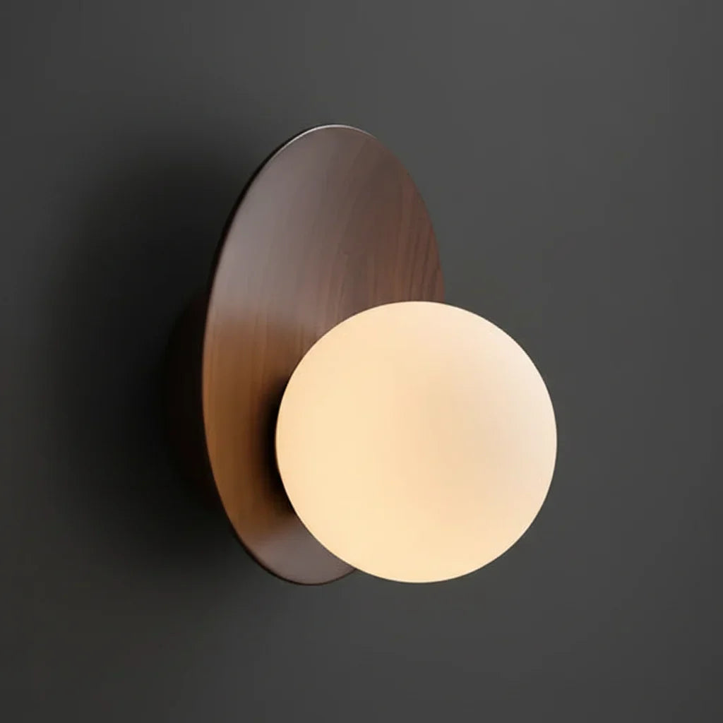Nura Japandi Globe Wall Light | Natural Timber Disc Frosted Glass Sconce