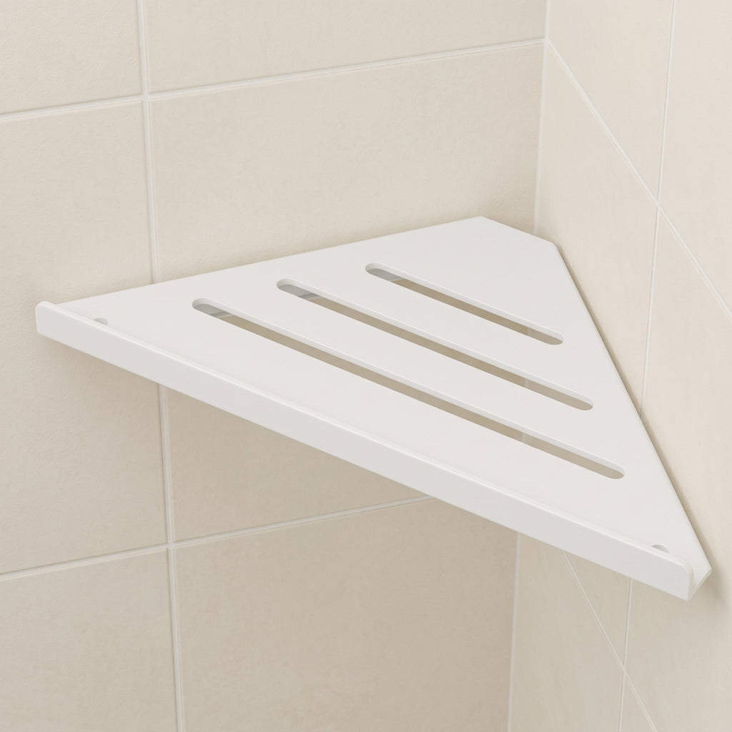 Ovel Slatted Corner Shower Shelf | Matt Stainless Steel Wall Mounted Bathroom Caddy