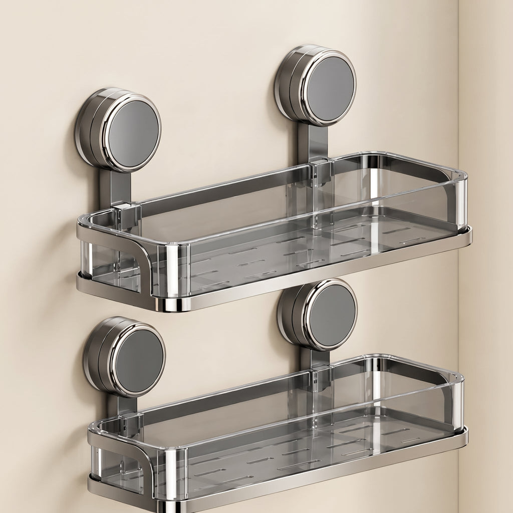 Kovo Suction Cup Shower Caddy Shelf  Clear Chrome Wall Organiser Basket