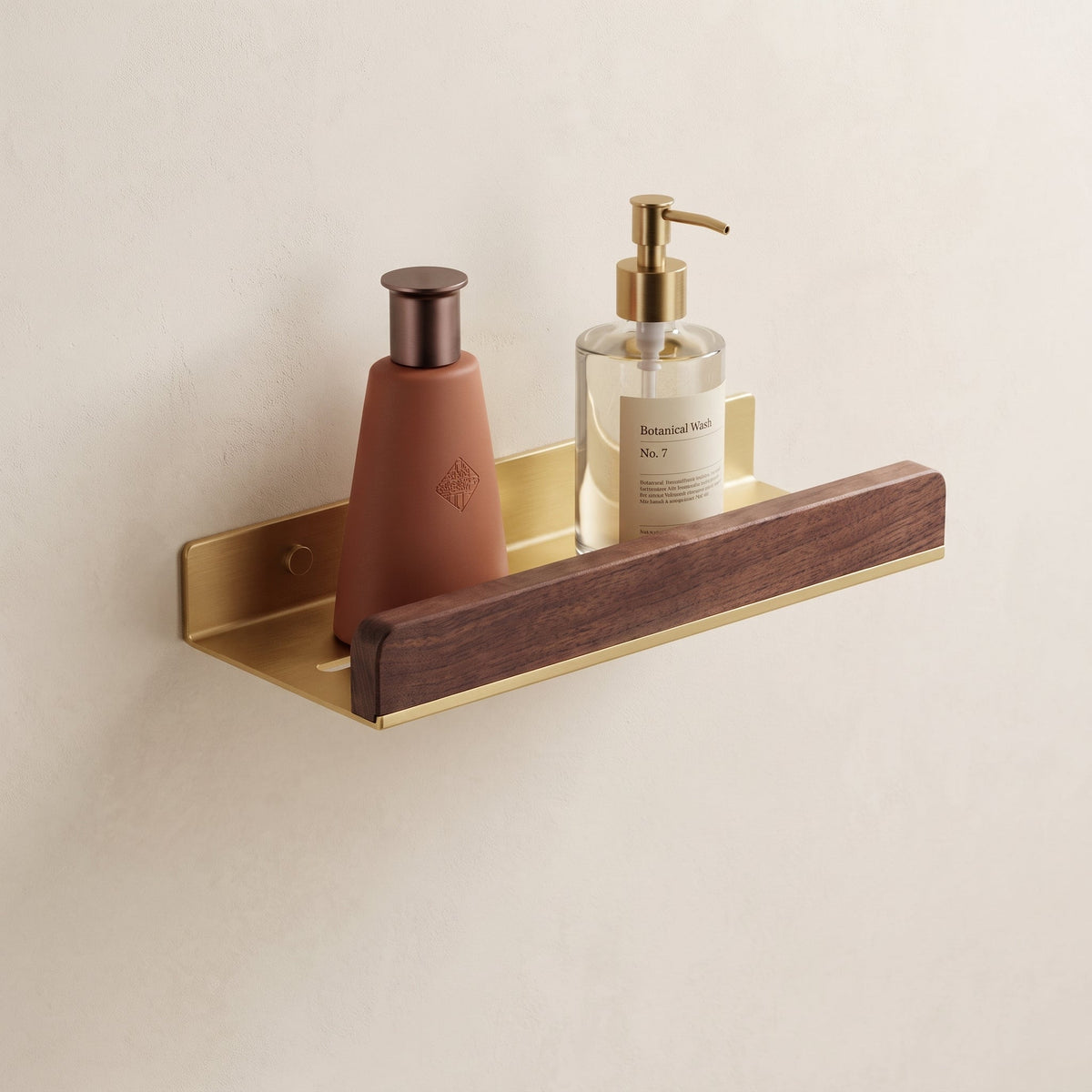 Aven Walnut Bathroom Floating Shelf | Solid Brass Wall Storage Rack