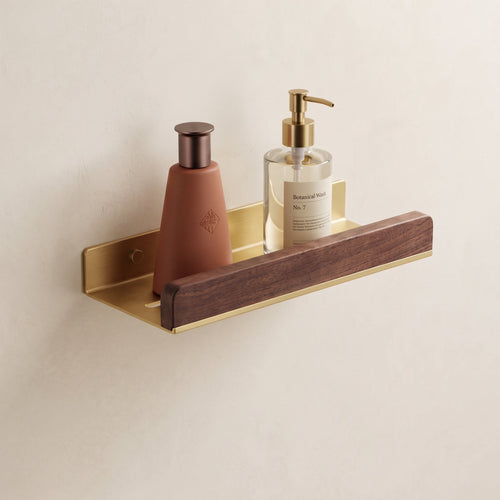 Aven Walnut Bathroom Floating Shelf | Solid Brass Wall Storage Rack