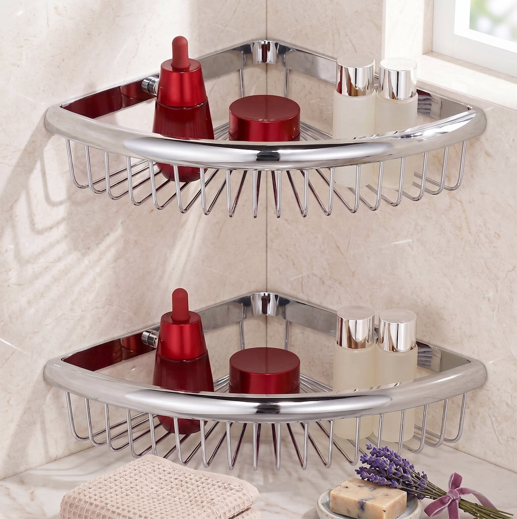 Lumi Brass Corner Shower Caddy Basket  Wall Mounted Wire Organiser Shelf