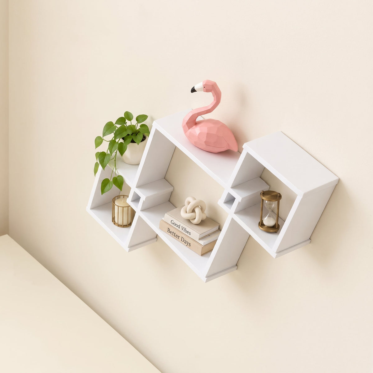 Veyra Geometric Floating Cube Wall Shelves | Matt White Interlocking 3-Tier Display Unit