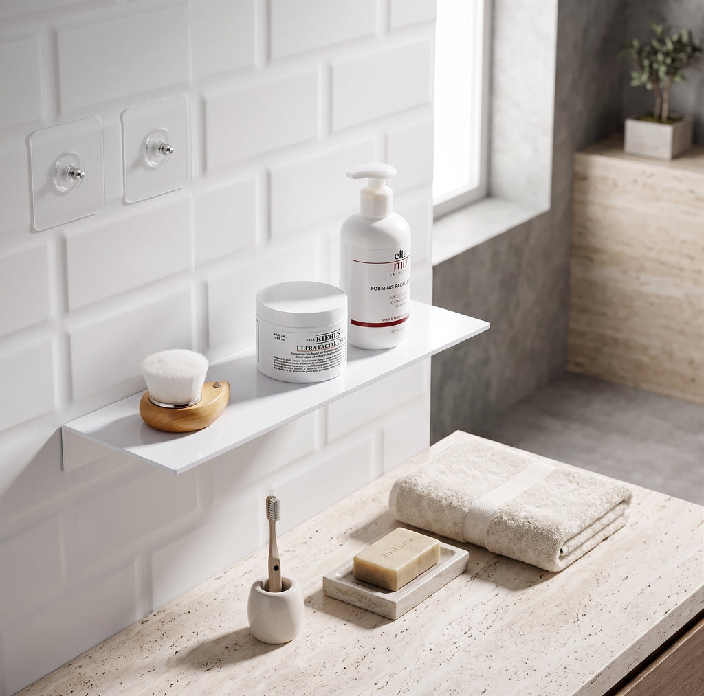 Oren Floating Bathroom Shelf | Matt White Self-Adhesive Wall Rack Organiser