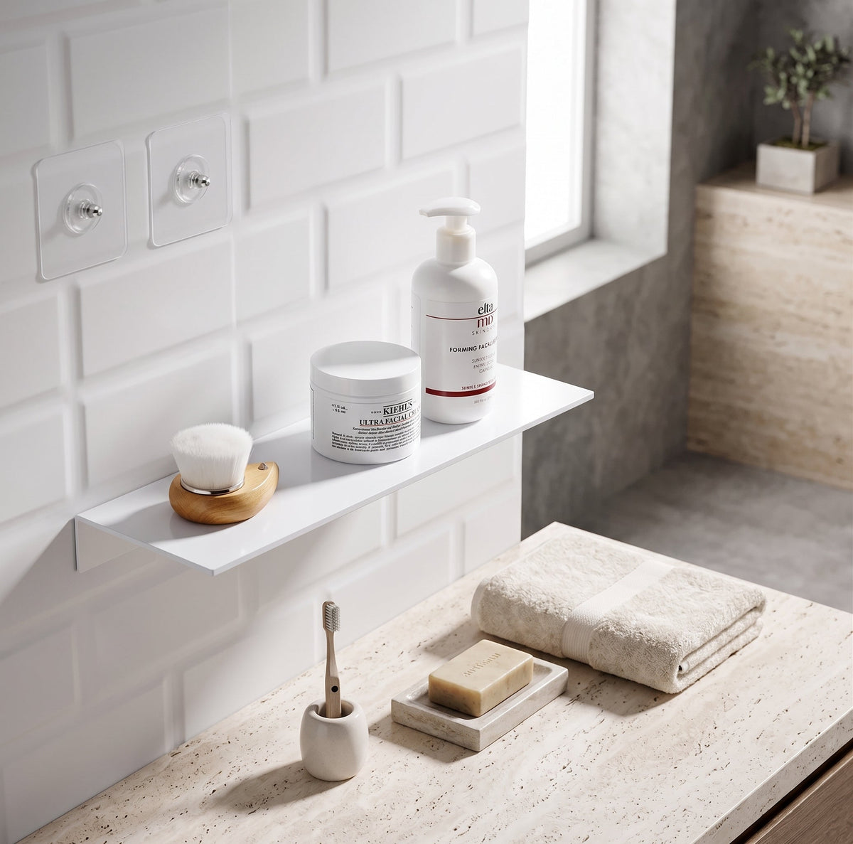 Oren Floating Bathroom Shelf | Matt White Self-Adhesive Wall Rack Organiser