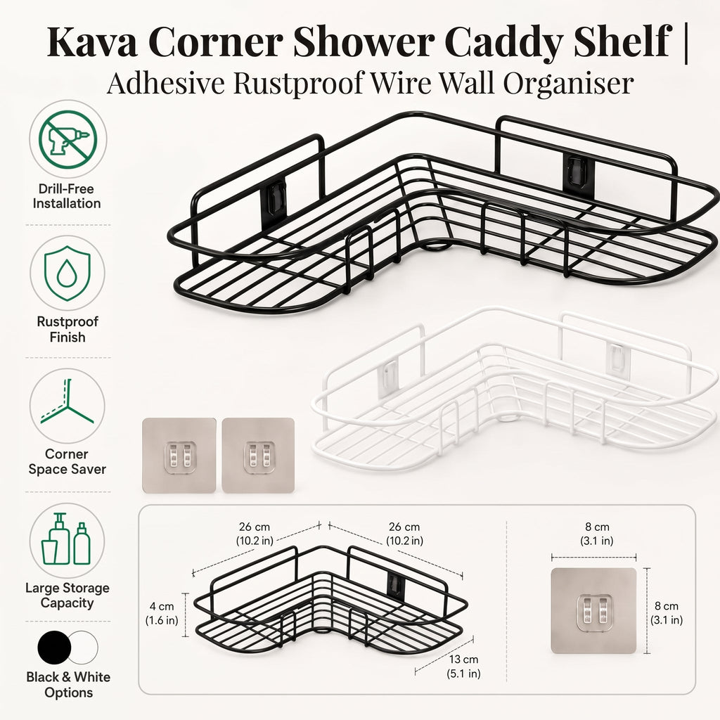 Kava Corner Shower Caddy Shelf | Adhesive Rustproof Wire Wall Organiser