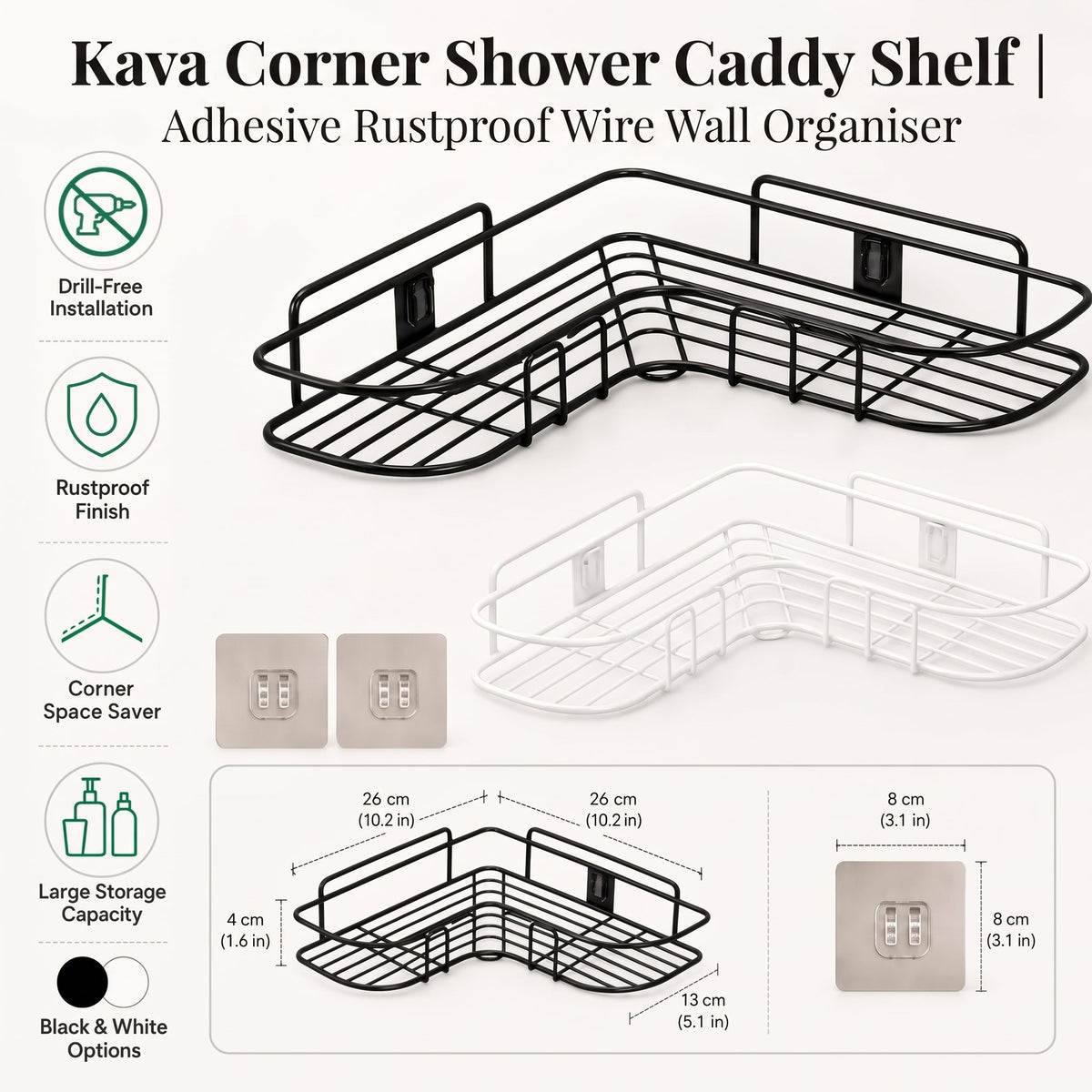Kava Corner Shower Caddy Shelf | Adhesive Rustproof Wire Wall Organiser