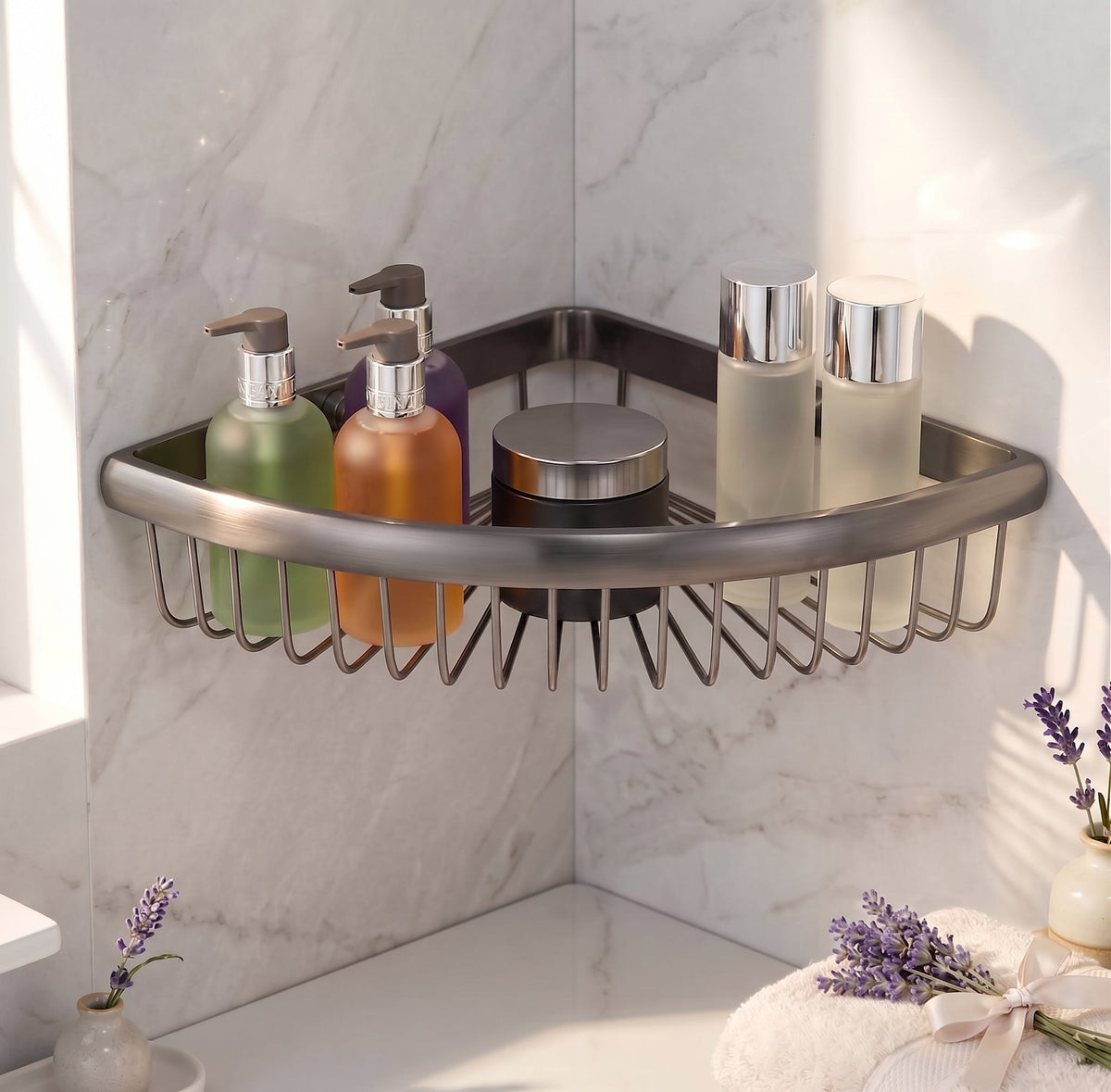 Lumi Brass Corner Shower Caddy Basket  Wall Mounted Wire Organiser Shelf