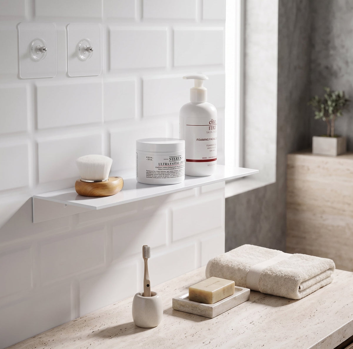 Oren Floating Bathroom Shelf | Matt White Self-Adhesive Wall Rack Organiser