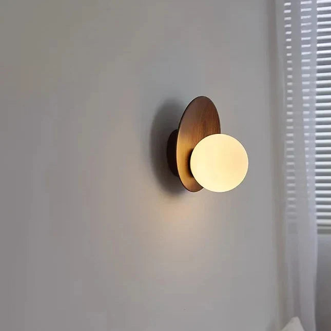 Nura Japandi Globe Wall Light | Natural Timber Disc Frosted Glass Sconce