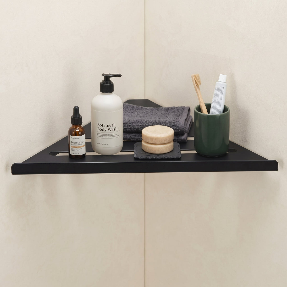 Ovel Slatted Corner Shower Shelf | Matt Stainless Steel Wall Mounted Bathroom Caddy