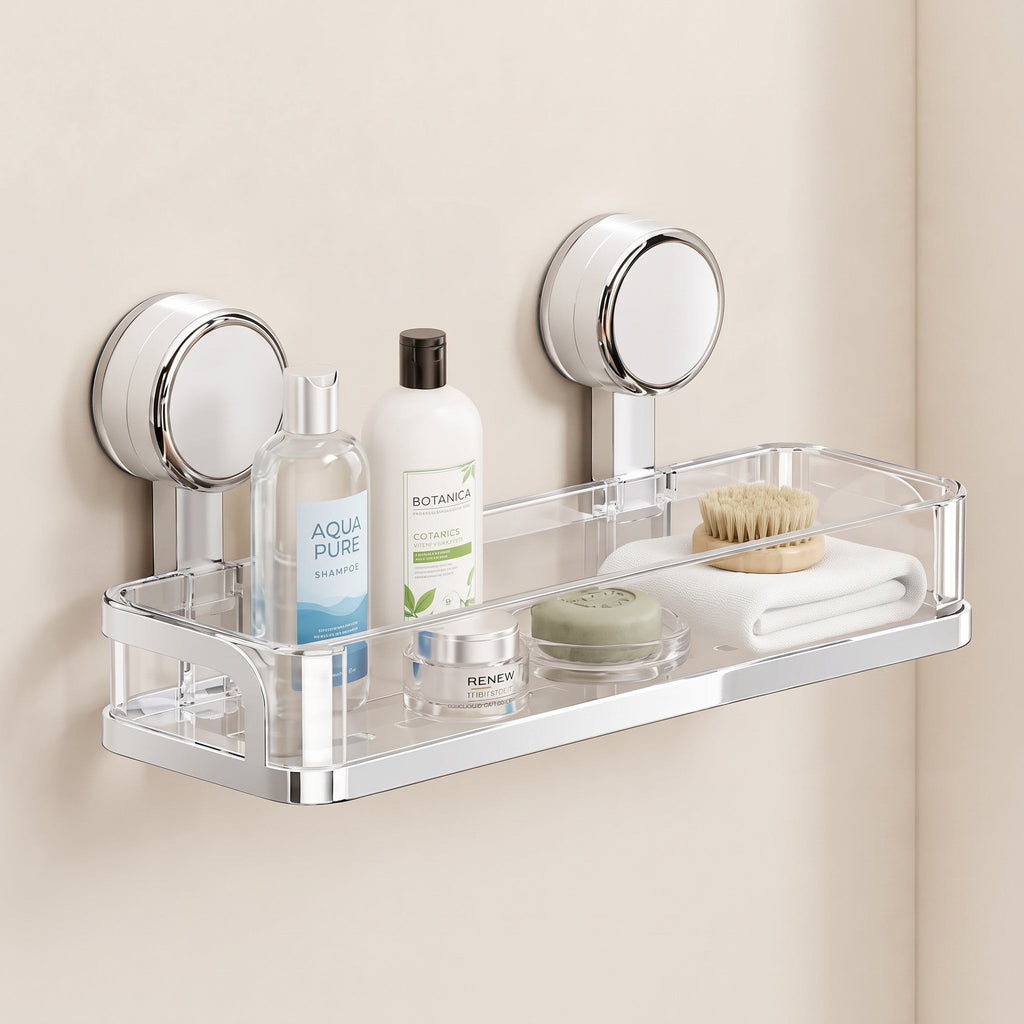 Kovo Suction Cup Shower Caddy Shelf  Clear Chrome Wall Organiser Basket