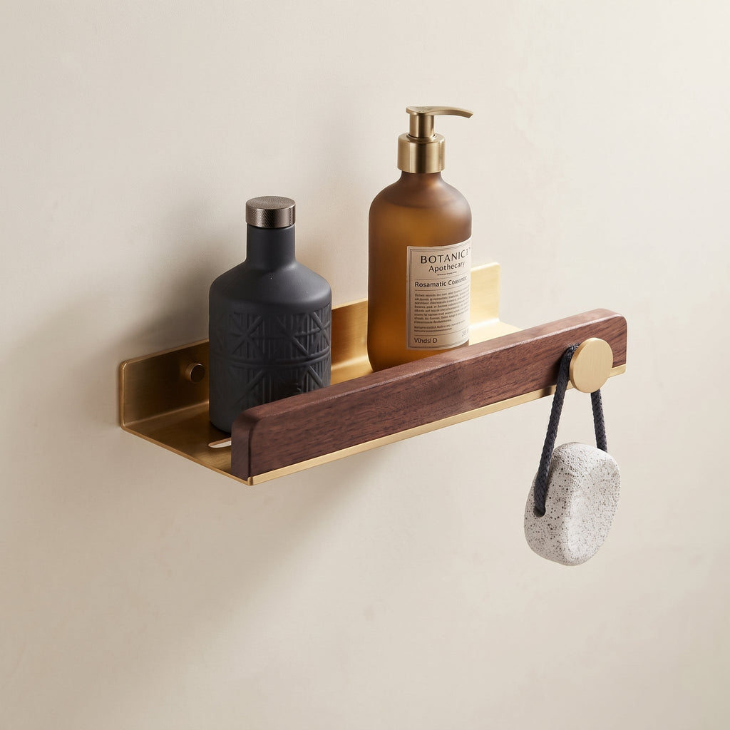 Aven Walnut Bathroom Floating Shelf | Solid Brass Wall Storage Rack