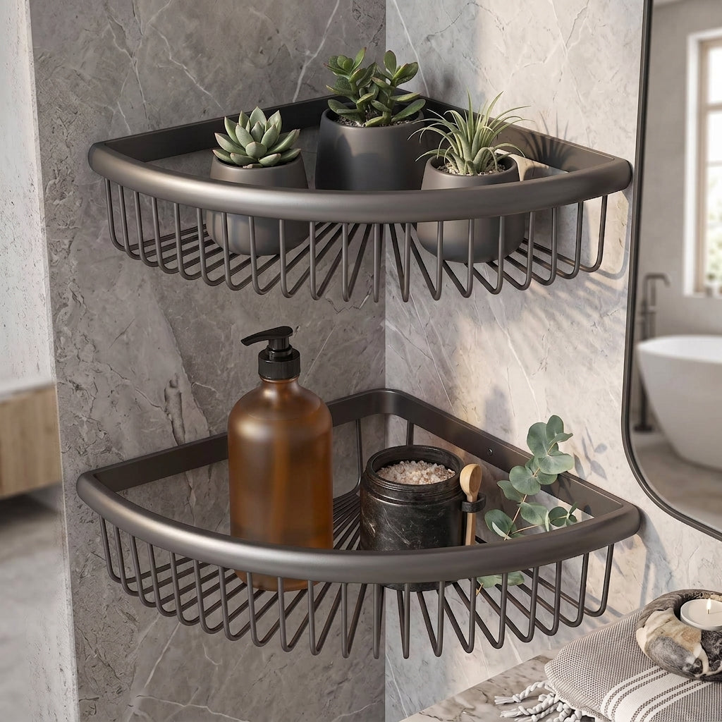 Lumi Brass Corner Shower Caddy Basket  Wall Mounted Wire Organiser Shelf
