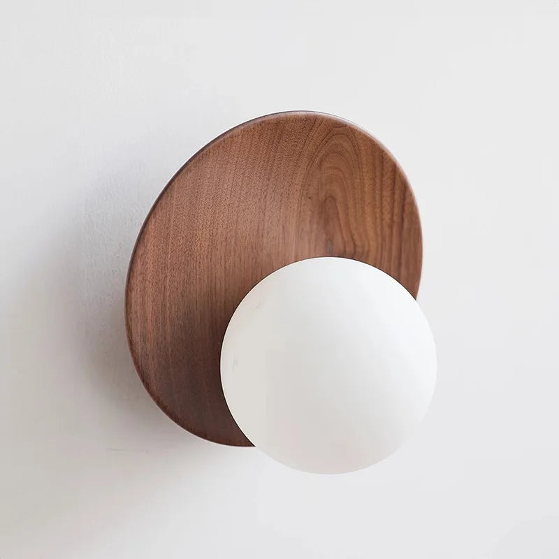 Nura Japandi Globe Wall Light | Natural Timber Disc Frosted Glass Sconce