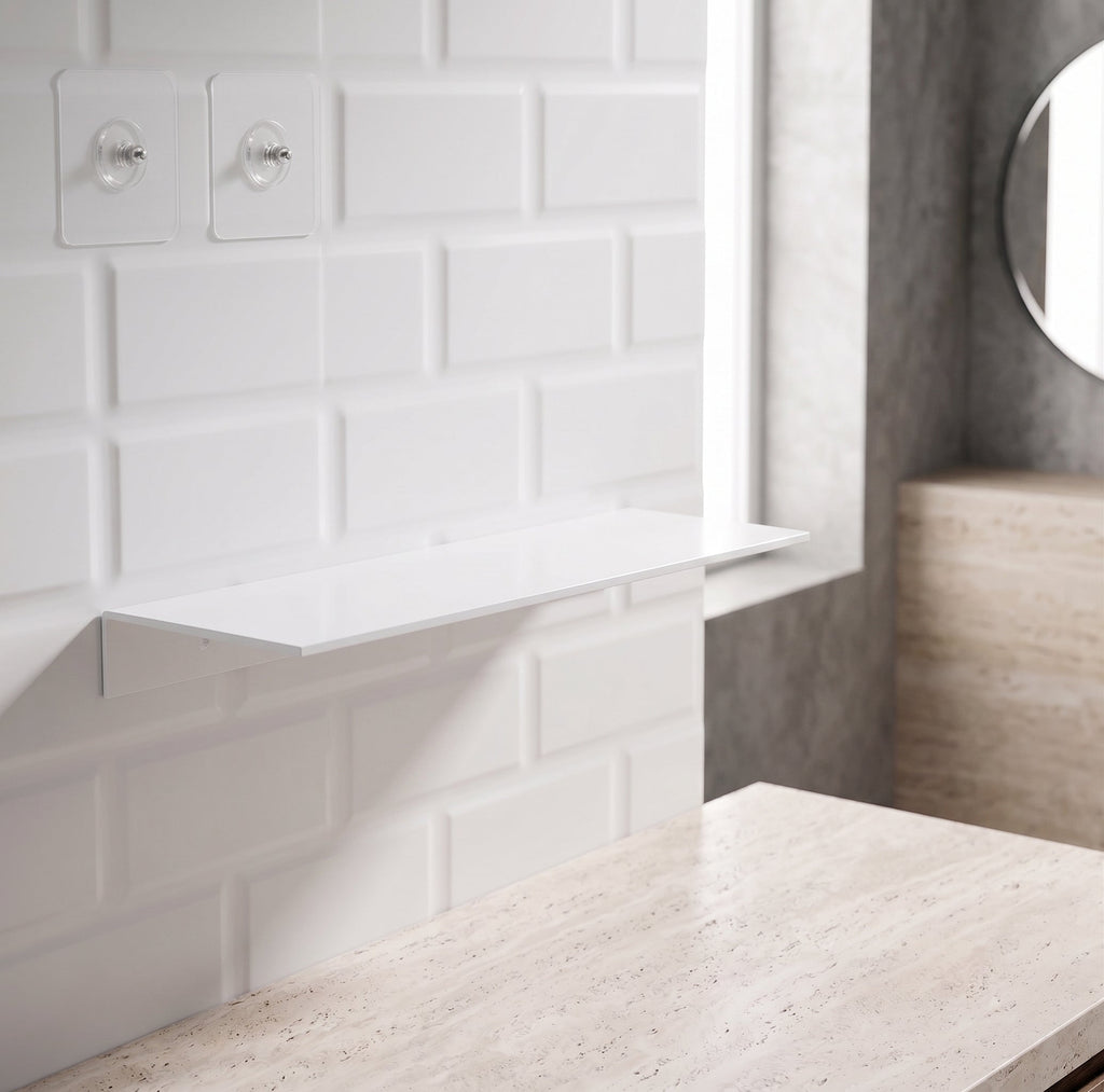 Oren Floating Bathroom Shelf | Matt White Self-Adhesive Wall Rack Organiser
