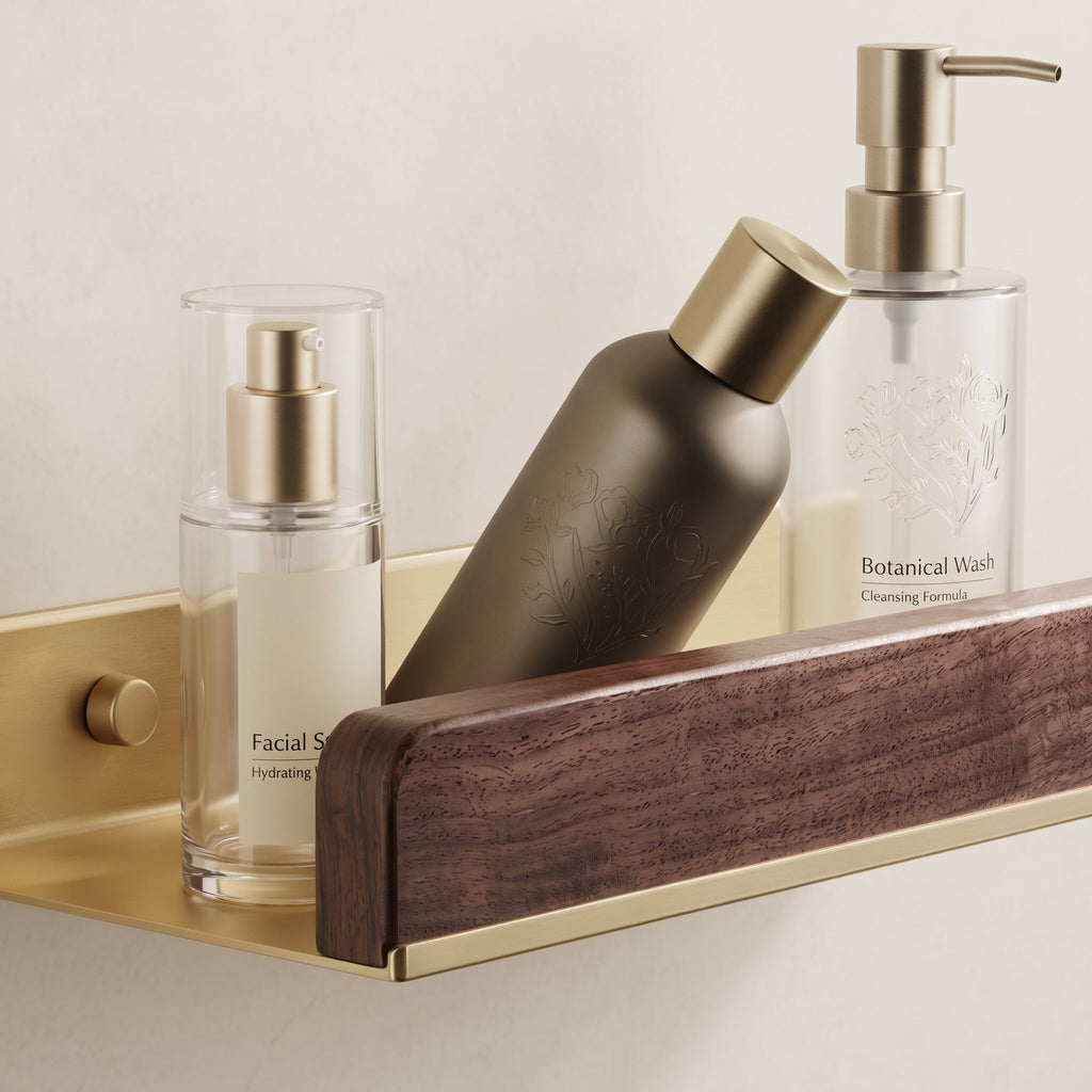 Aven Walnut Bathroom Floating Shelf | Solid Brass Wall Storage Rack