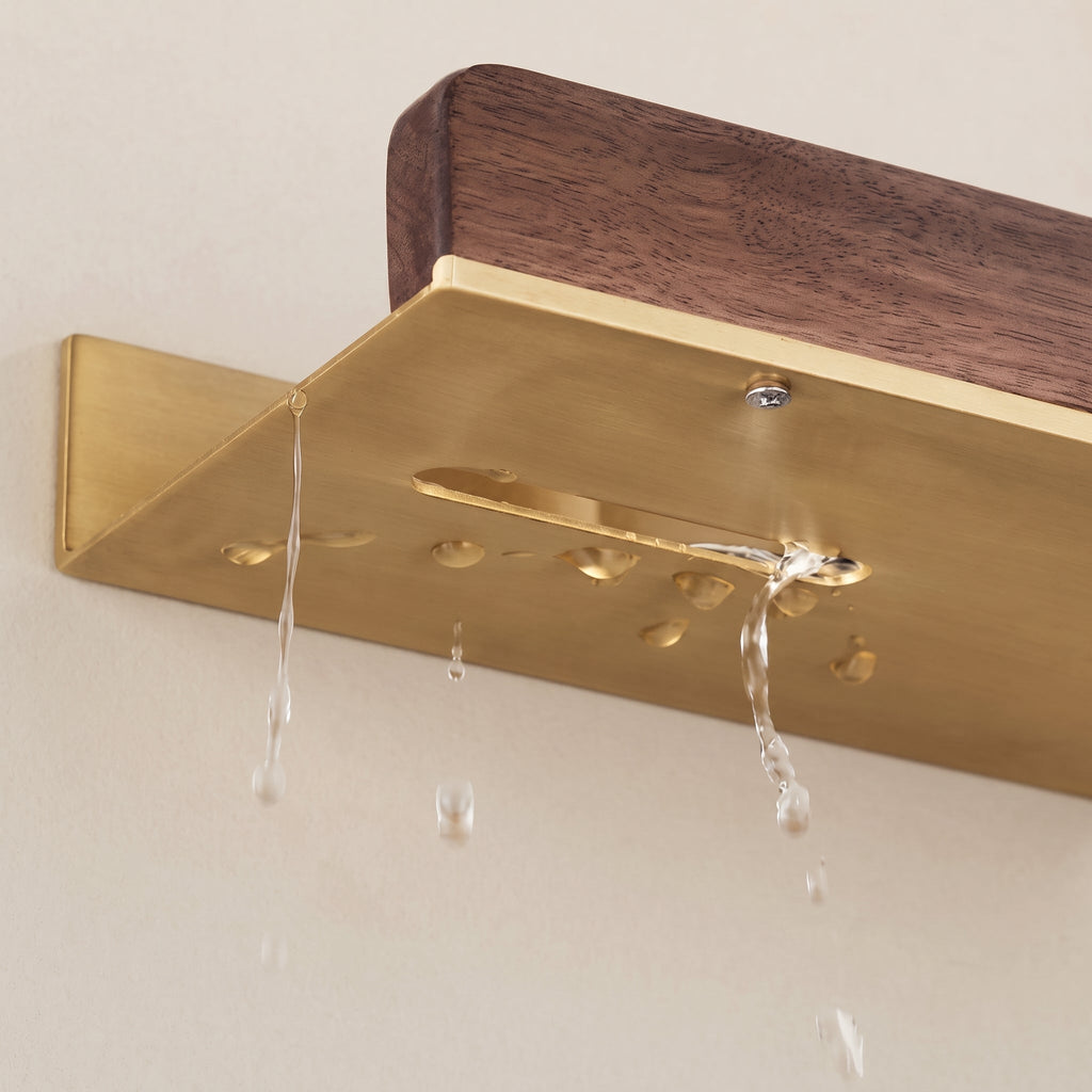 Aven Walnut Bathroom Floating Shelf | Solid Brass Wall Storage Rack