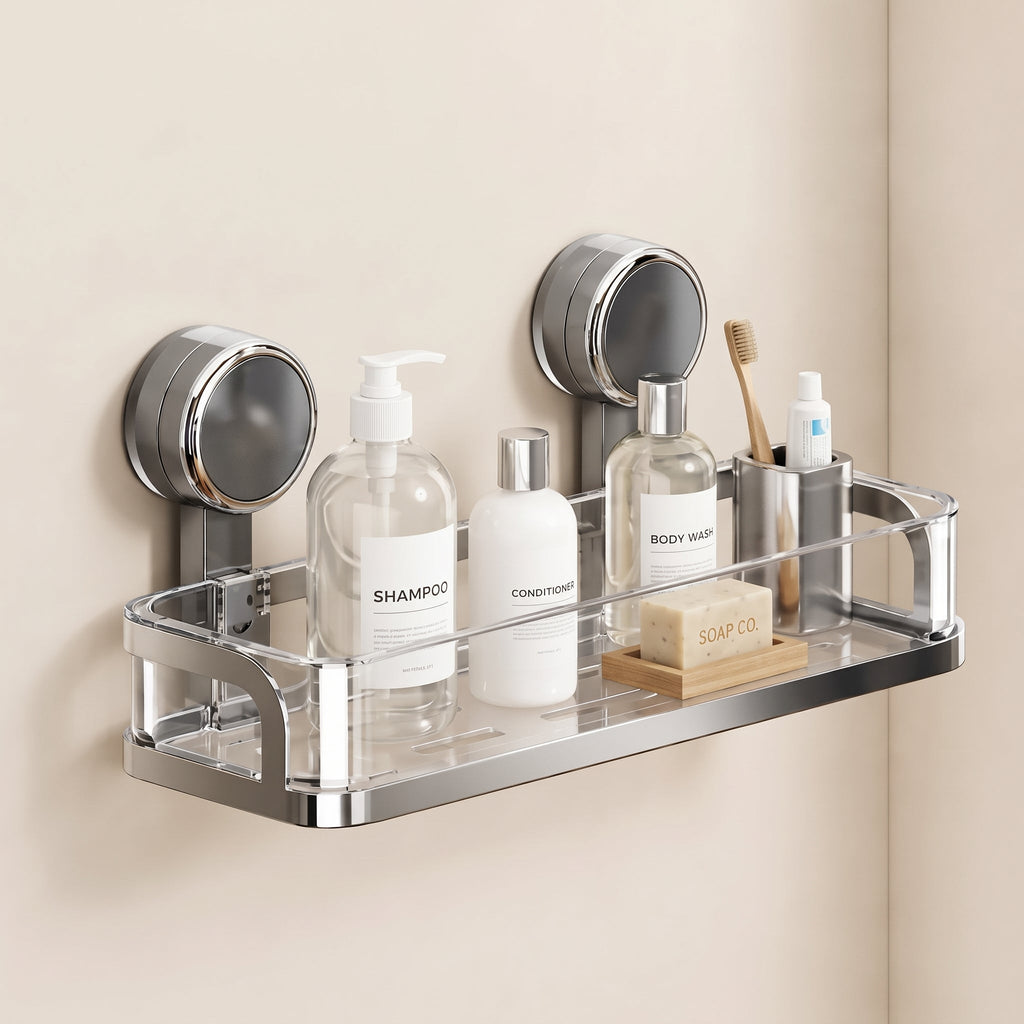 Kovo Suction Cup Shower Caddy Shelf  Clear Chrome Wall Organiser Basket