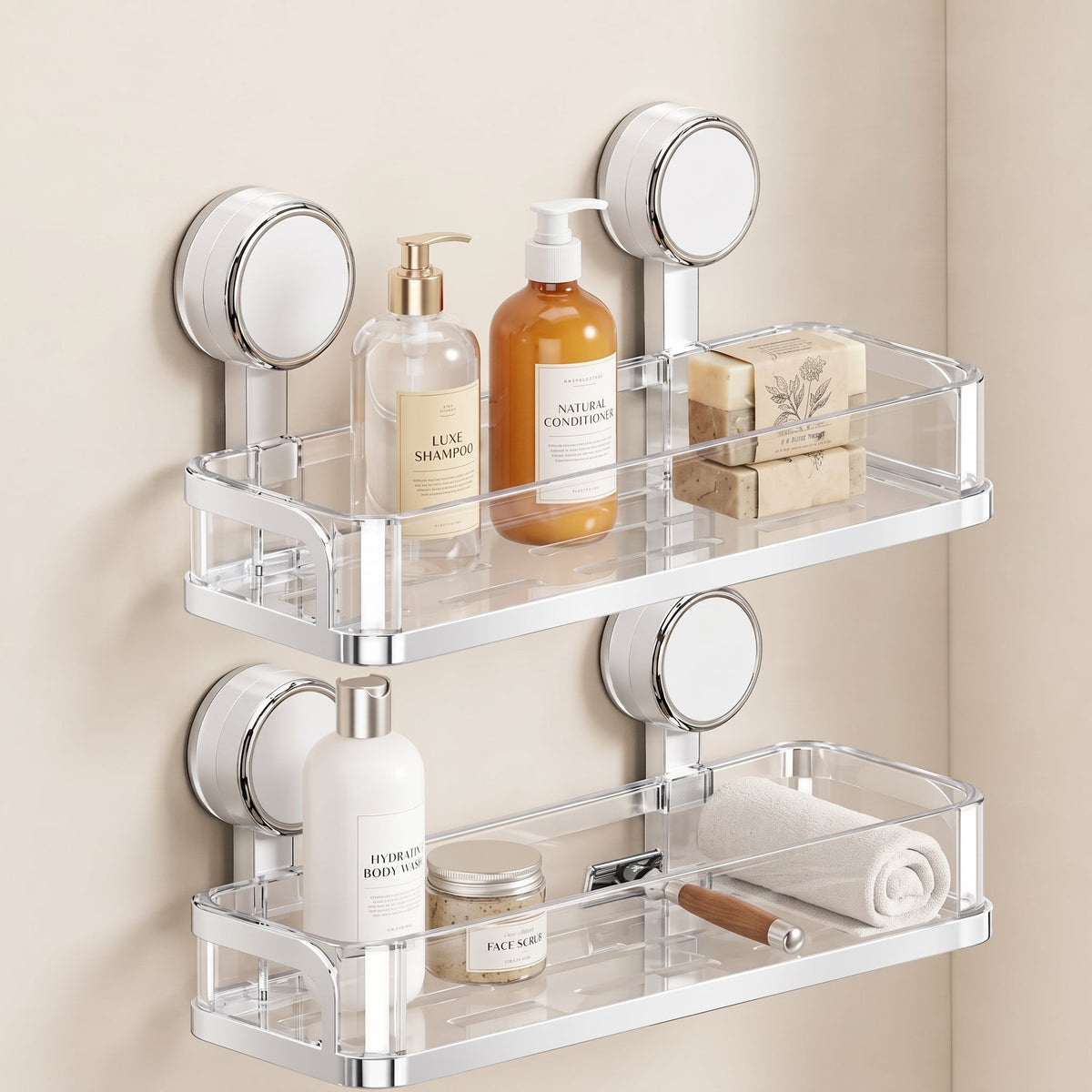 Kovo Suction Cup Shower Caddy Shelf  Clear Chrome Wall Organiser Basket