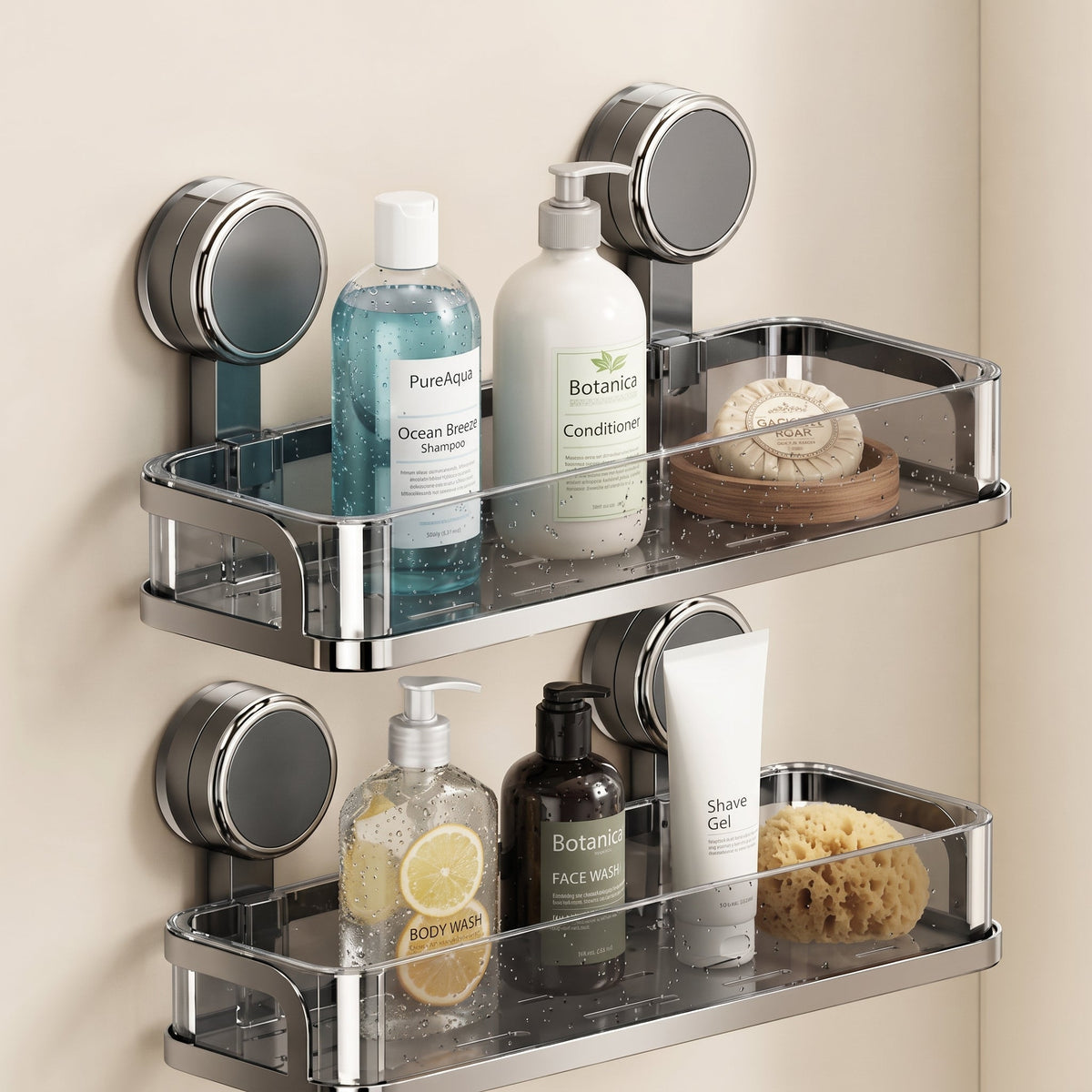 Kovo Suction Cup Shower Caddy Shelf  Clear Chrome Wall Organiser Basket